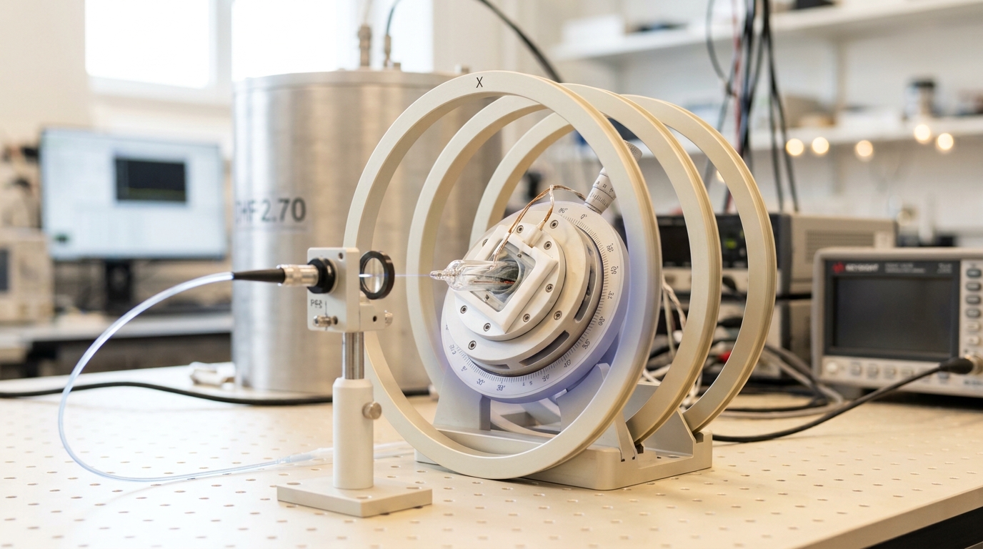A compact spin-control coil assembly with its calibrated sample stage caught partway through a small angular rotation