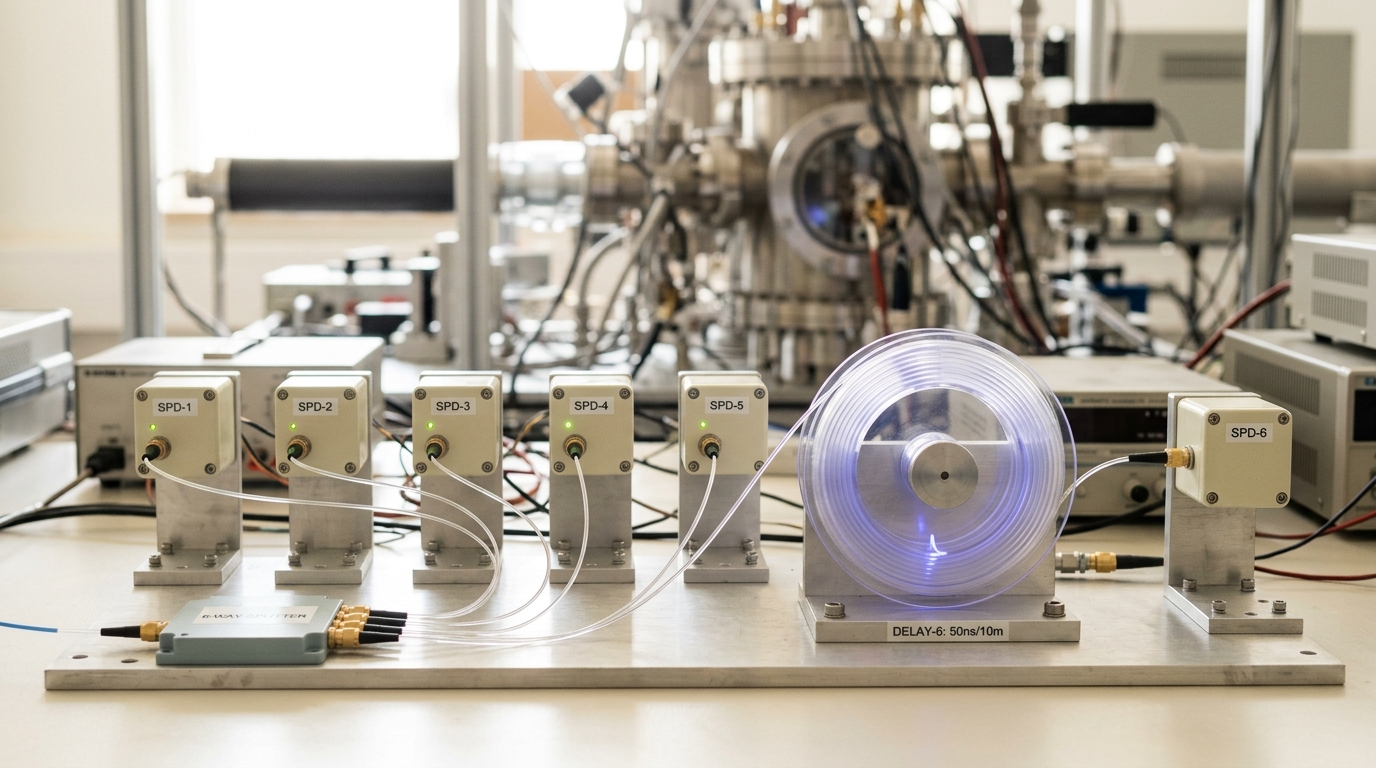 Six physically separated photon-detector modules fed by distinct fibres, with the last fragment still moving through an optical delay line