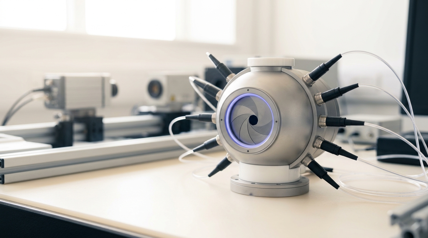 A spherical scattering chamber with one directional aperture still being closed while outgoing fibres wait dark