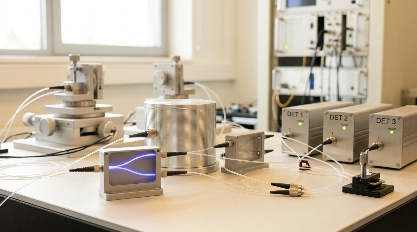 A spin-ensemble chamber sending one probe beam into a fibre splitter tree while only three of several detector channels have registered the pulse