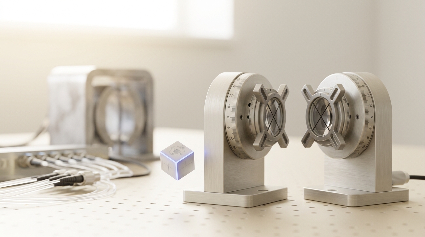 Two independent optical rotation stages facing one another with a calibration cube not yet seated between them