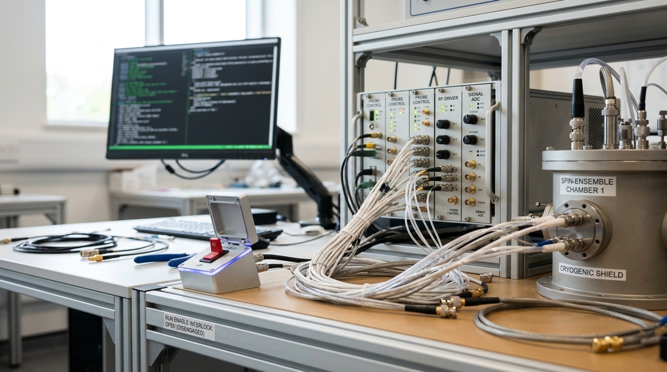 A quantum-control workstation connected to a spin chamber, with a bank of probe modules powered but the run-enable interlock still open