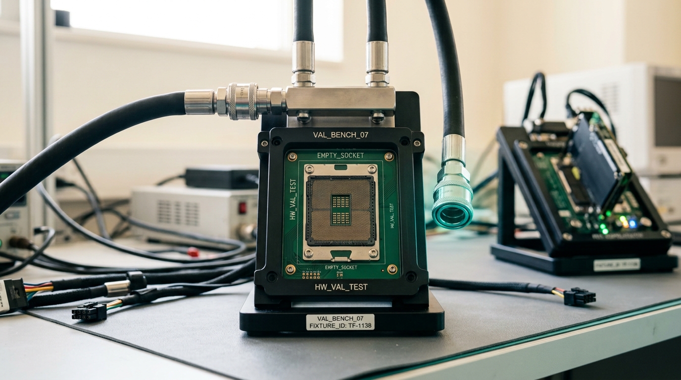An empty, cooling-equipped test fixture on a lab bench with its liquid-cooling manifold connected on one side and standing open on the other, no accelerator board yet mounted in the socket