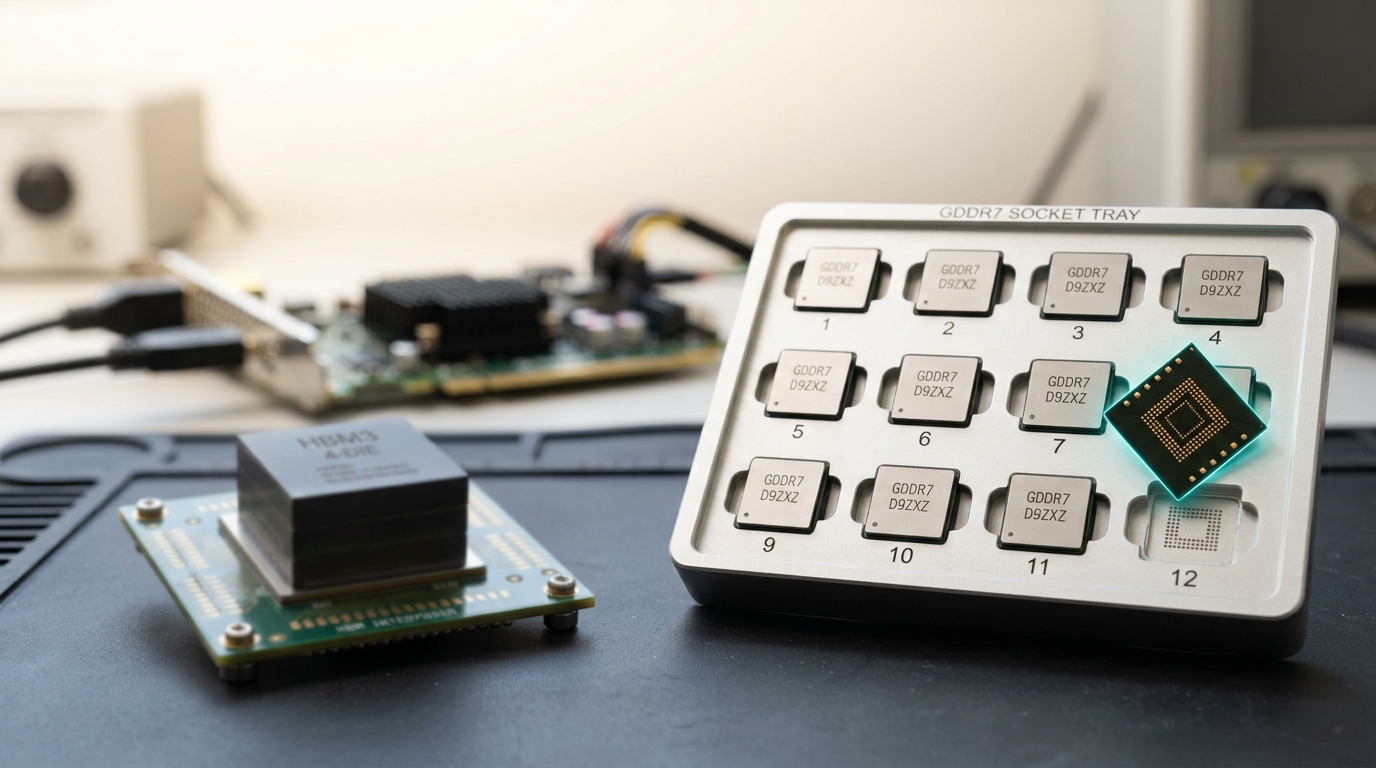 A bare HBM die-stack sample mounted on a small interposer square, positioned beside a tray holding a dozen individual GDDR7 memory chips