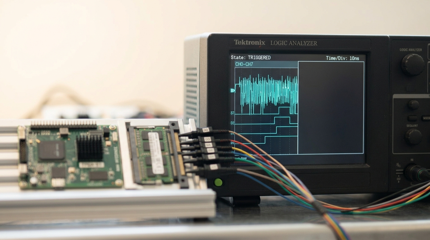 A benchtop logic analyzer with several probe leads clipped onto a memory-interface test fixture, its display mid-refresh with a waveform trace filling only half the screen