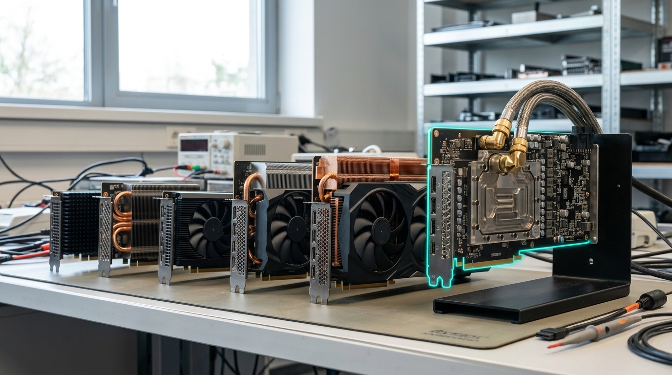 Six physically distinct data-center accelerator boards arranged in a row on a lab bench in order of increasing size and cooling hardware, from a small passively-cooled card to a large liquid-cooled module