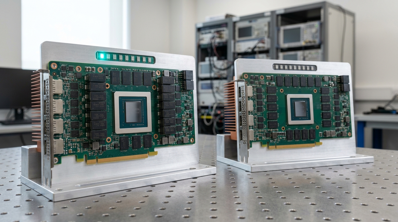 Two visibly different data-center accelerator boards side by side on open test fixtures, one ringed by a tight cluster of stacked memory packages close to its die, the other surrounded by a wider grid of individually socketed memory chips