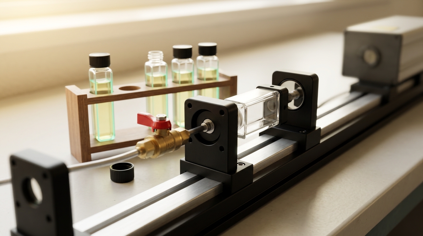 A cavity-ringdown spectrometer's sample cell mounted between two high-reflectivity mirrors on an optical rail, a gas-purge line's valve handle caught half-open beside a small cuvette rack of pale yellow protein samples