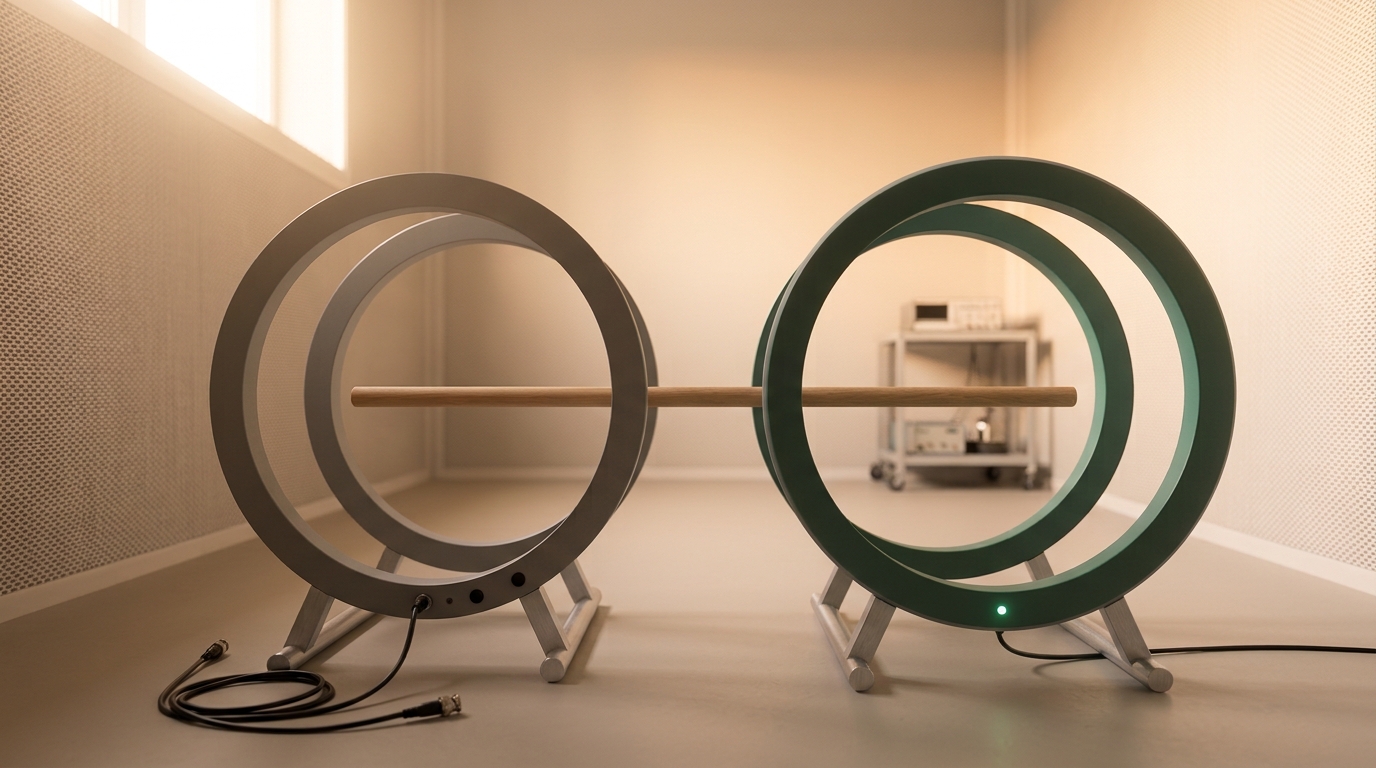 A pair of large calibrated Helmholtz coils encircling an empty wooden test perch inside an electromagnetically screened chamber, one coil's power indicator unlit while the other glows steady