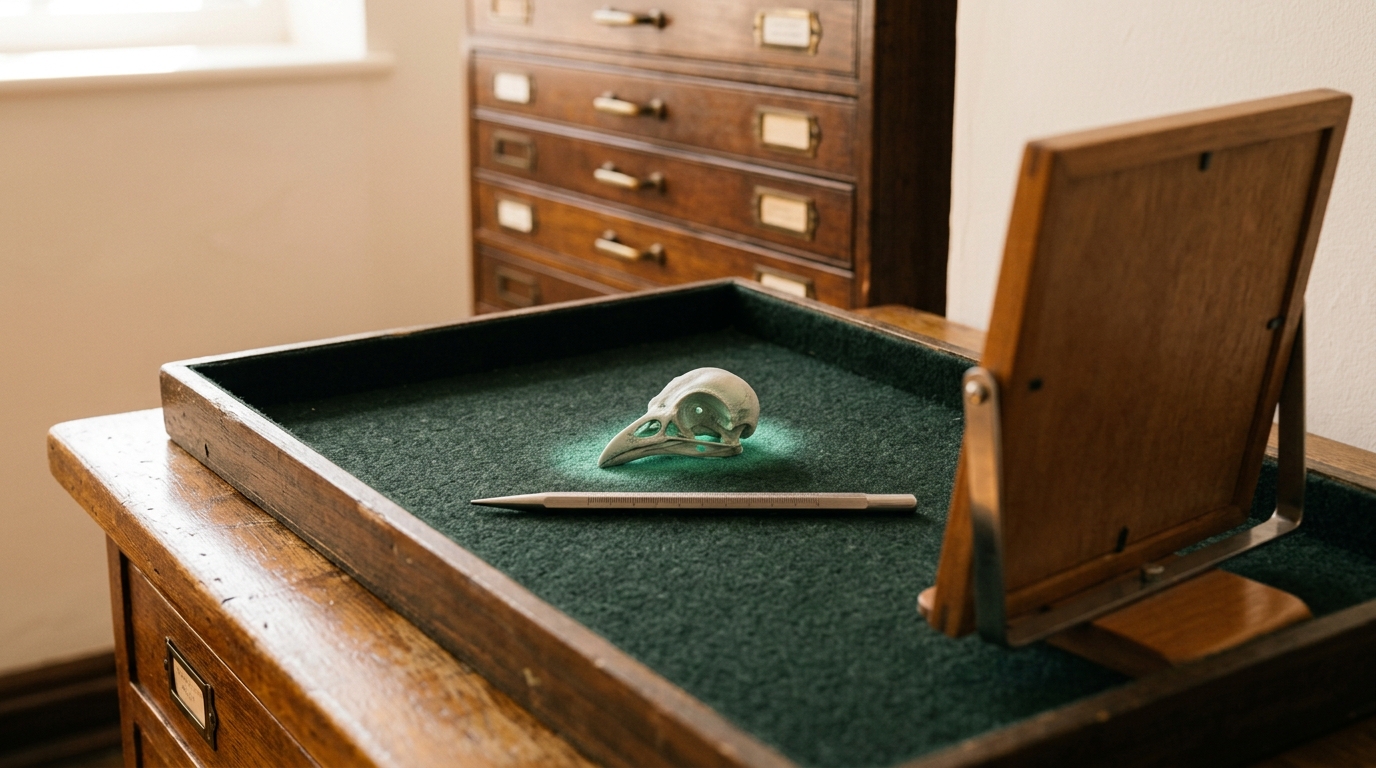 A small songbird skull cast resting on a felt-lined specimen tray next to an unlabelled anatomical pointer, positioned beside rather than inside a retina diagram stand