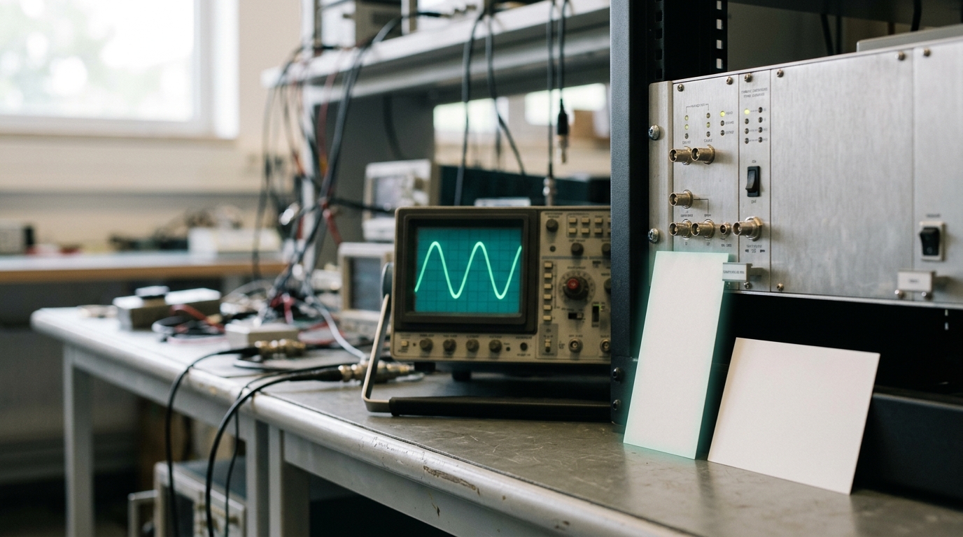 A rack-mounted timing-electronics chassis beside a benchtop oscilloscope showing a single frozen, unlabelled trace, two handwritten reference cards propped against the rack showing no legible numerals