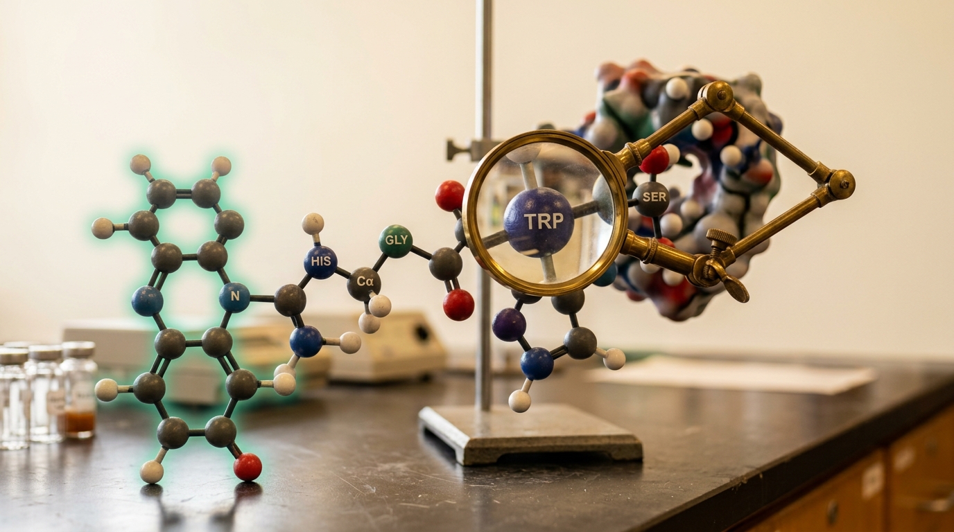 A physical ball-and-stick molecular model of a flavin group connected through a chain of four tryptophan residues, a raised magnifying arm positioned over the third residue in the chain rather than the first or last