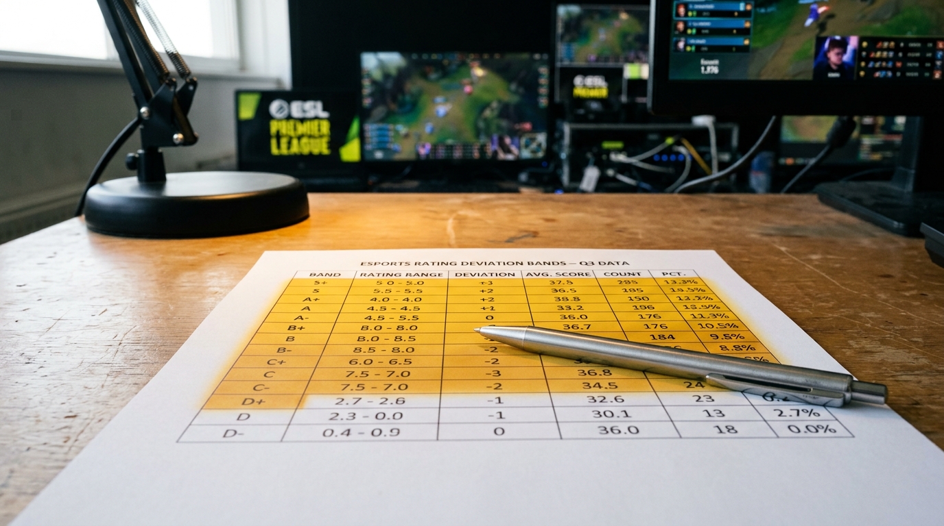 A printed table of rating-deviation bands on a statistician's desk, highlighter marks covering the upper rows, a pen resting diagonally partway down the page short of the final row