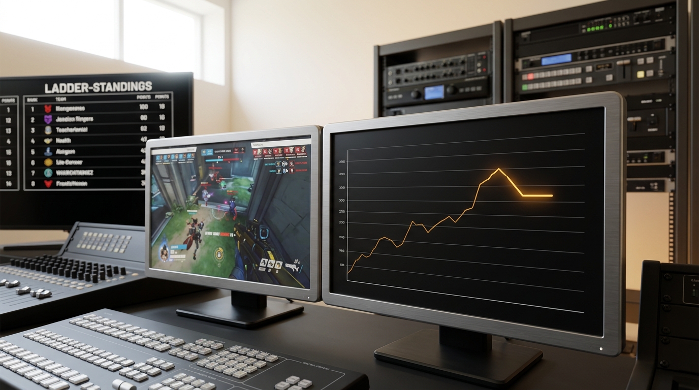An esports broadcast production booth with a live battle-feed monitor beside a second monitor showing a rating-history chart mid-redraw and a scrolling ladder-standings board, an amber highlight on the chart's newest unfinished segment