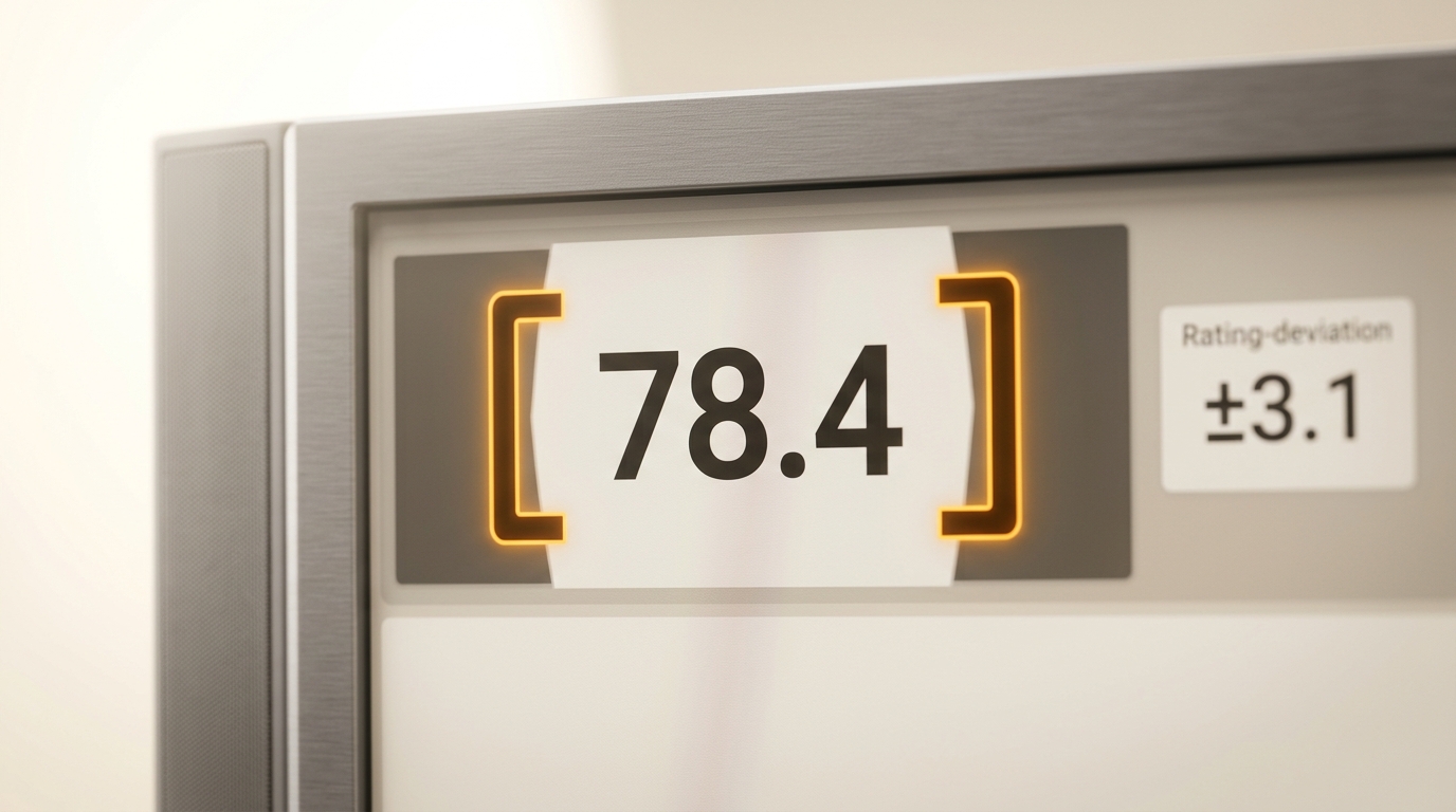 A readout screen showing a single rating point with bracket-shaped confidence-interval markers on either side, the brackets caught narrowing partway toward their final width