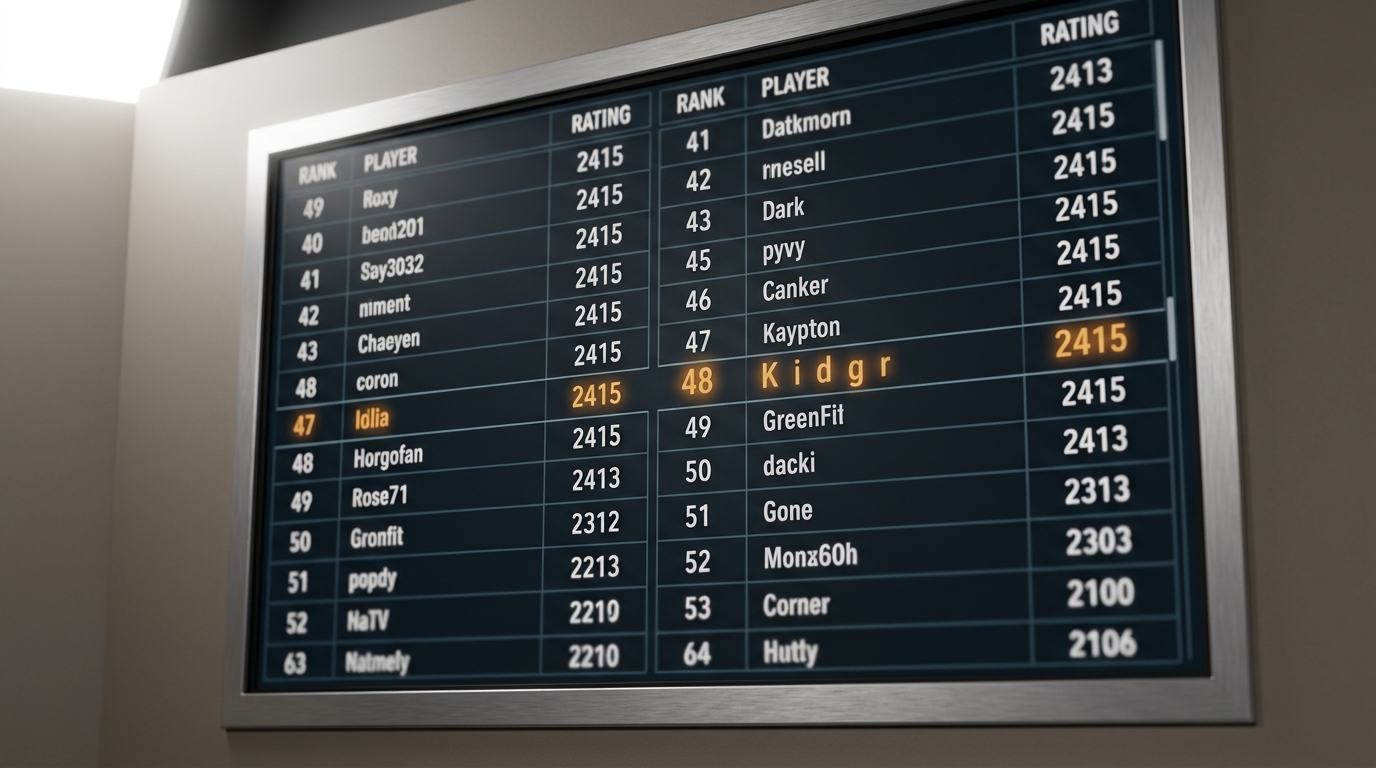 A large scrolling ladder-standings board with steady rows of rank numbers and ratings, one row's rating digits caught mid-refresh and slightly misaligned compared to the settled rows around it