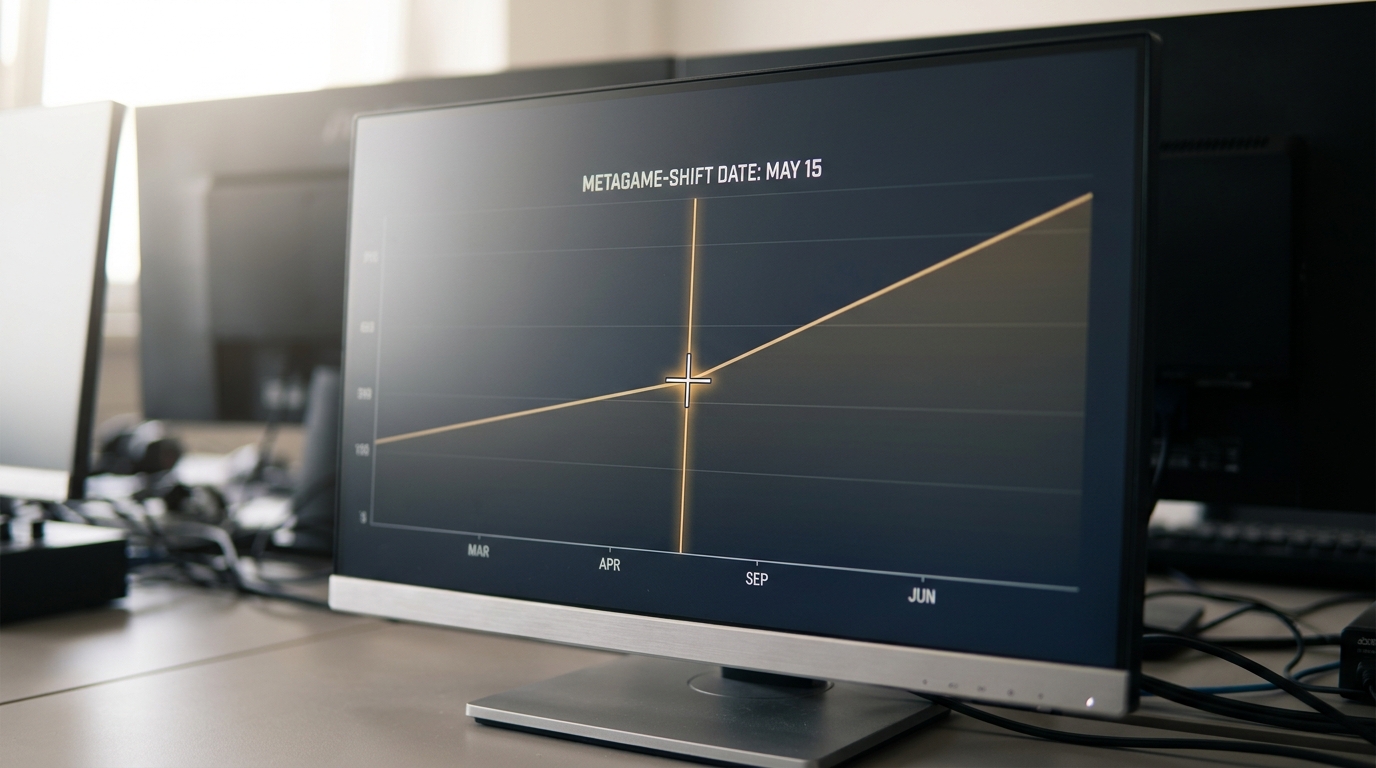 A monitor showing a rating-history line chart with a vertical marker at a metagame-shift date, the line's slope visibly different on either side of the marker