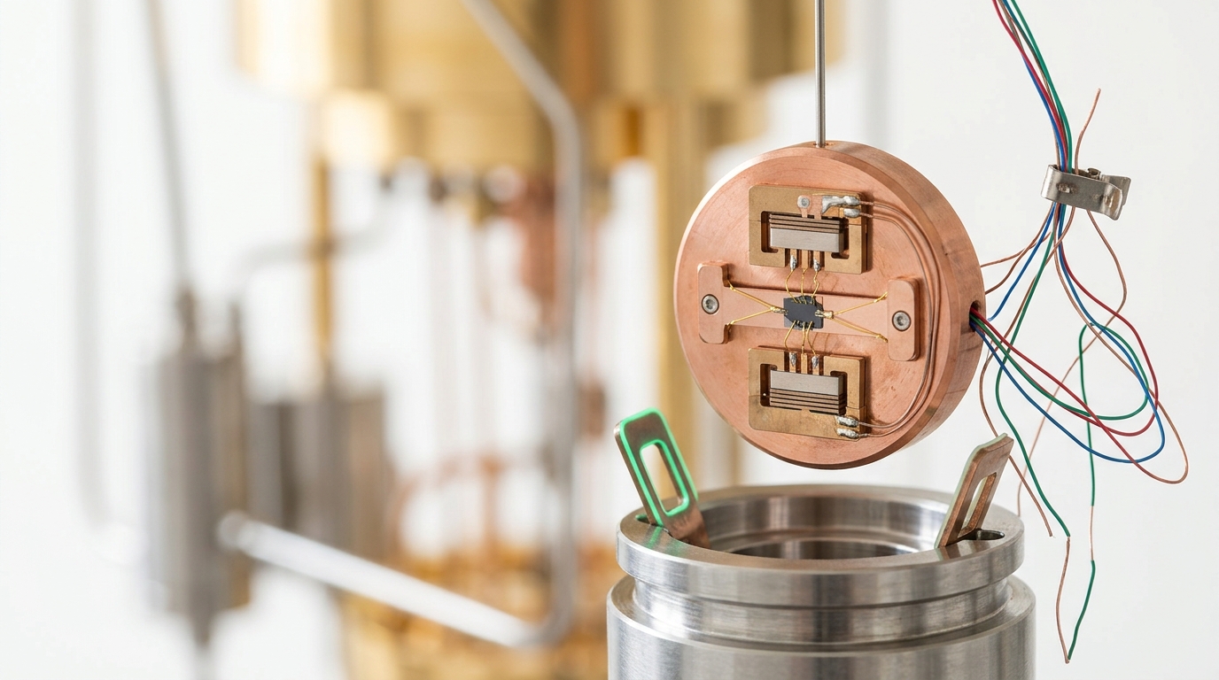 A dilution-refrigerator sample puck carrying a flexure bending-beam strain cell, suspended a hair above its mixing-chamber socket with one cold-finger clip not yet closed