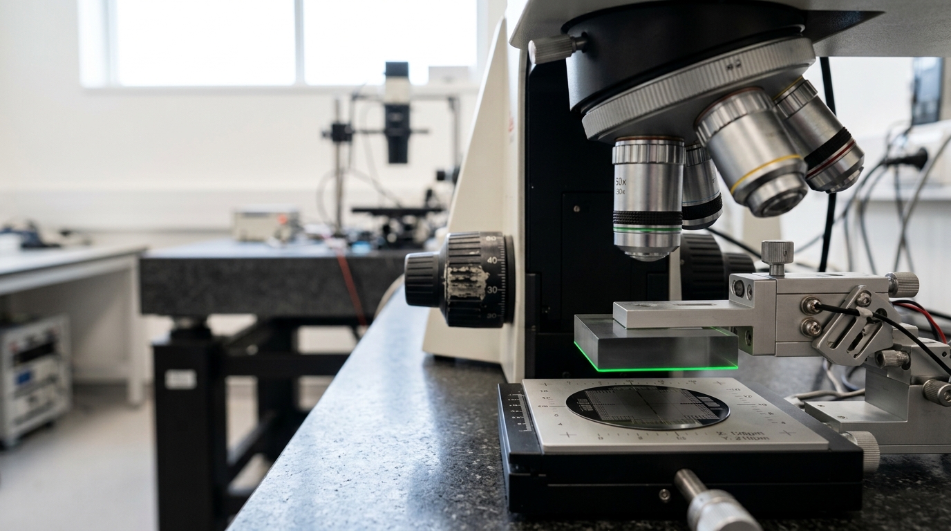 A polydimethylsiloxane transfer stamp arm hovering over a target substrate under an optical microscope, a flake visible on the stamp not yet released onto the chip below