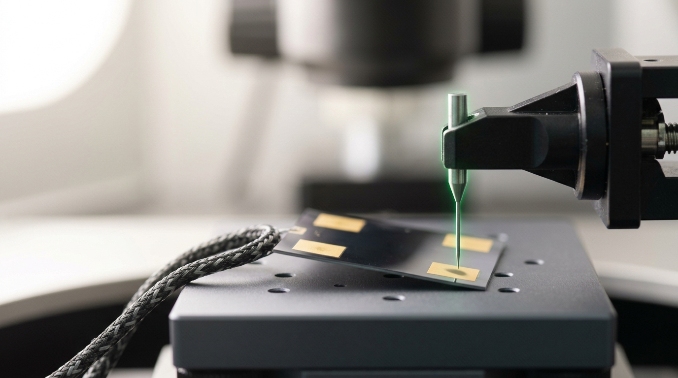 A tungsten probe tip hovering just above a contact pad on a bent flake device mounted in a probe station, the chuck's vacuum line still unclipped beside it