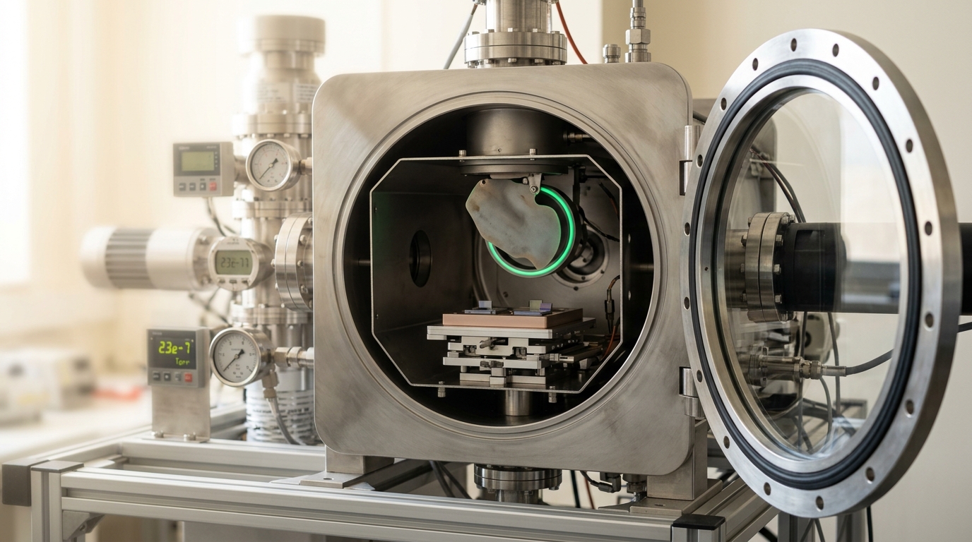 A sputter and thermal-evaporator deposition chamber with its viewport door swung open and an internal source shutter caught half open above a mounted substrate