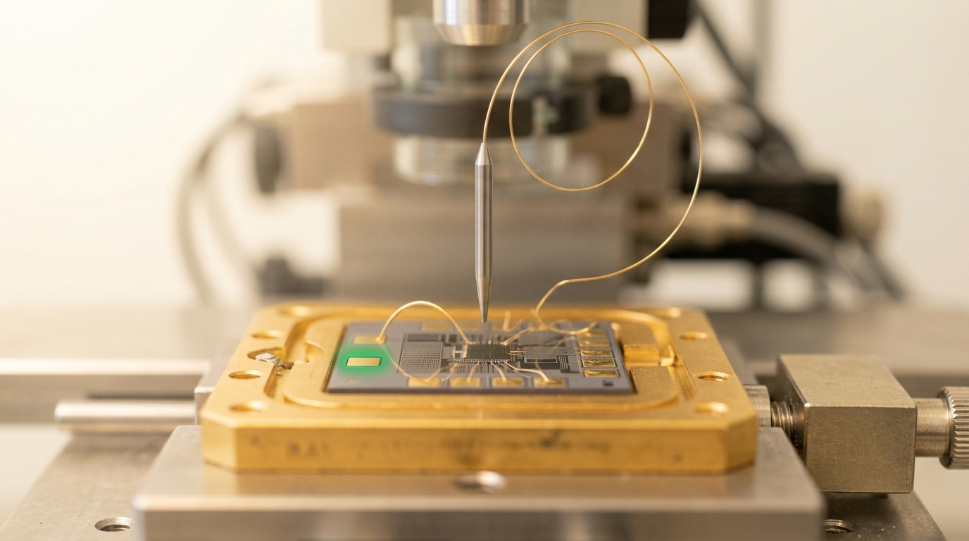A wedge wire bonder's capillary needle mid-arc over a chip mounted in a sample puck, one bond pad still unconnected beside a completed gold wire loop