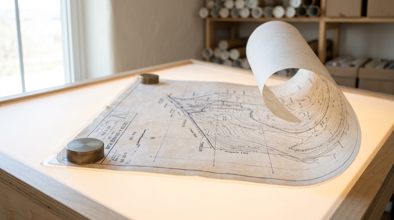 A site-survey print partly unrolled on a drafting light table, one corner pinned flat under a brass drafting weight while the far corner still curls upward, unread