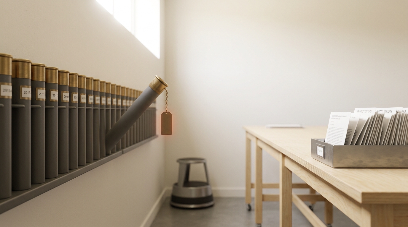 A single dated site-survey print rolled into a brass-capped tube, half -slid into its slot on the wall-mounted document-tube rack, its printed tag not yet flat against the rack