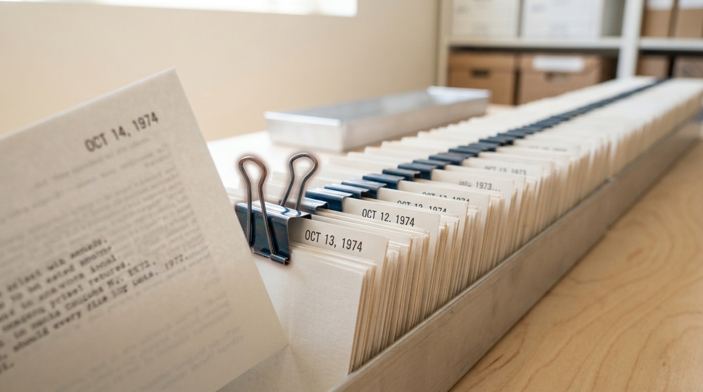 A single dated announcement page being slid into the front of a steel card tray already holding a long chronological run of filed pages, its spring clip still open