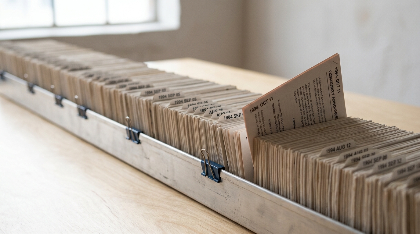 A long stretch of the card tray's chronological run of dated announcement pages, one page lifted slightly clear of its neighbours mid-pull for closer inspection