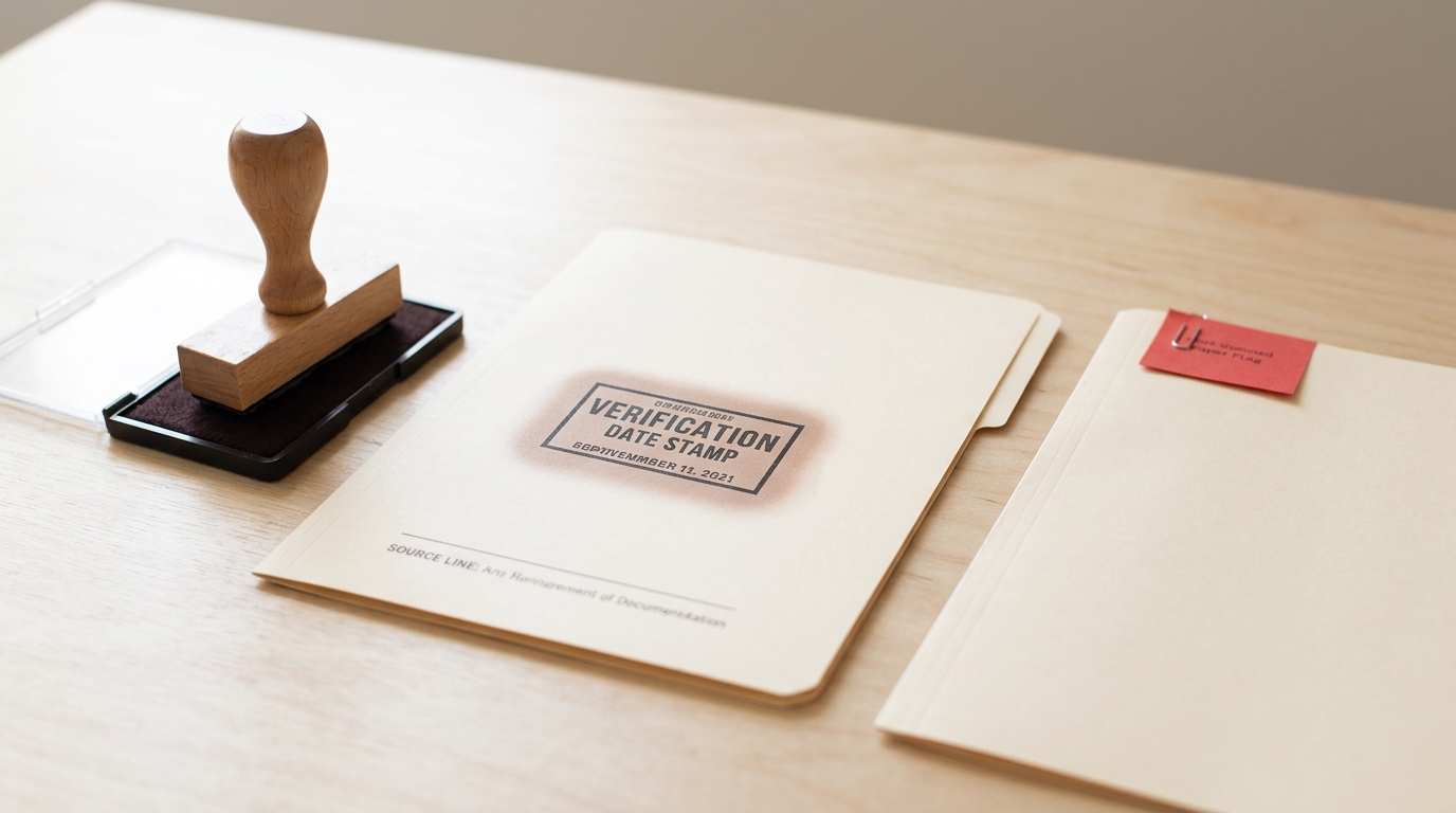 A wood-handled rubber date stamp resting on its ink pad beside a freshly stamped folder, while a second folder sits apart with only a red paper flag clipped to its corner and no stamp mark yet