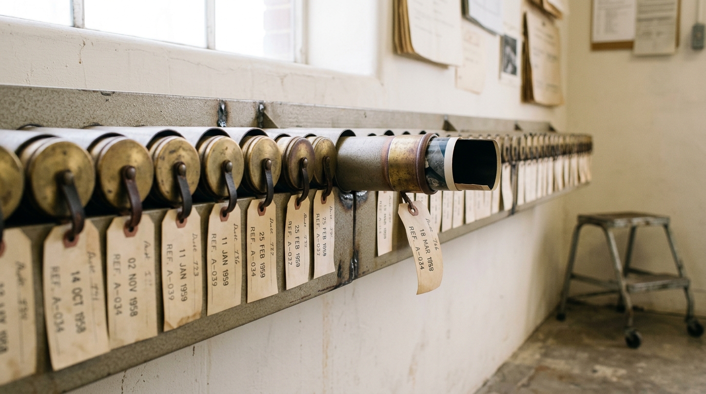 A wall-mounted steel document-tube rack of dated site-survey prints beside a long archivist's table holding a chronological run of announcement pages, one tube caught half-drawn from its cradle