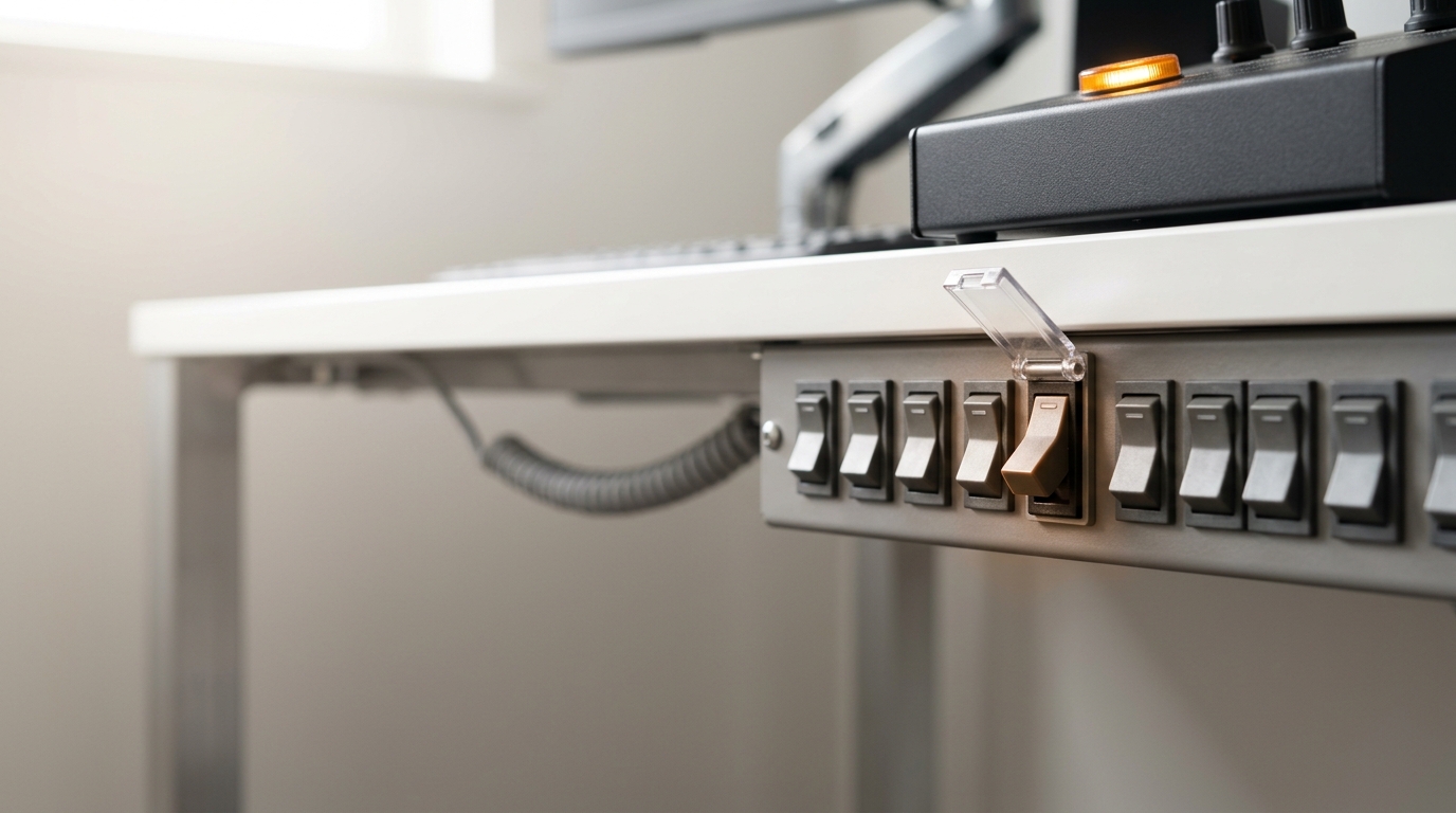 A power strip with breaker switches beneath the integration desk, one switch caught mid-throw and an amber warning light lit on the test console above it