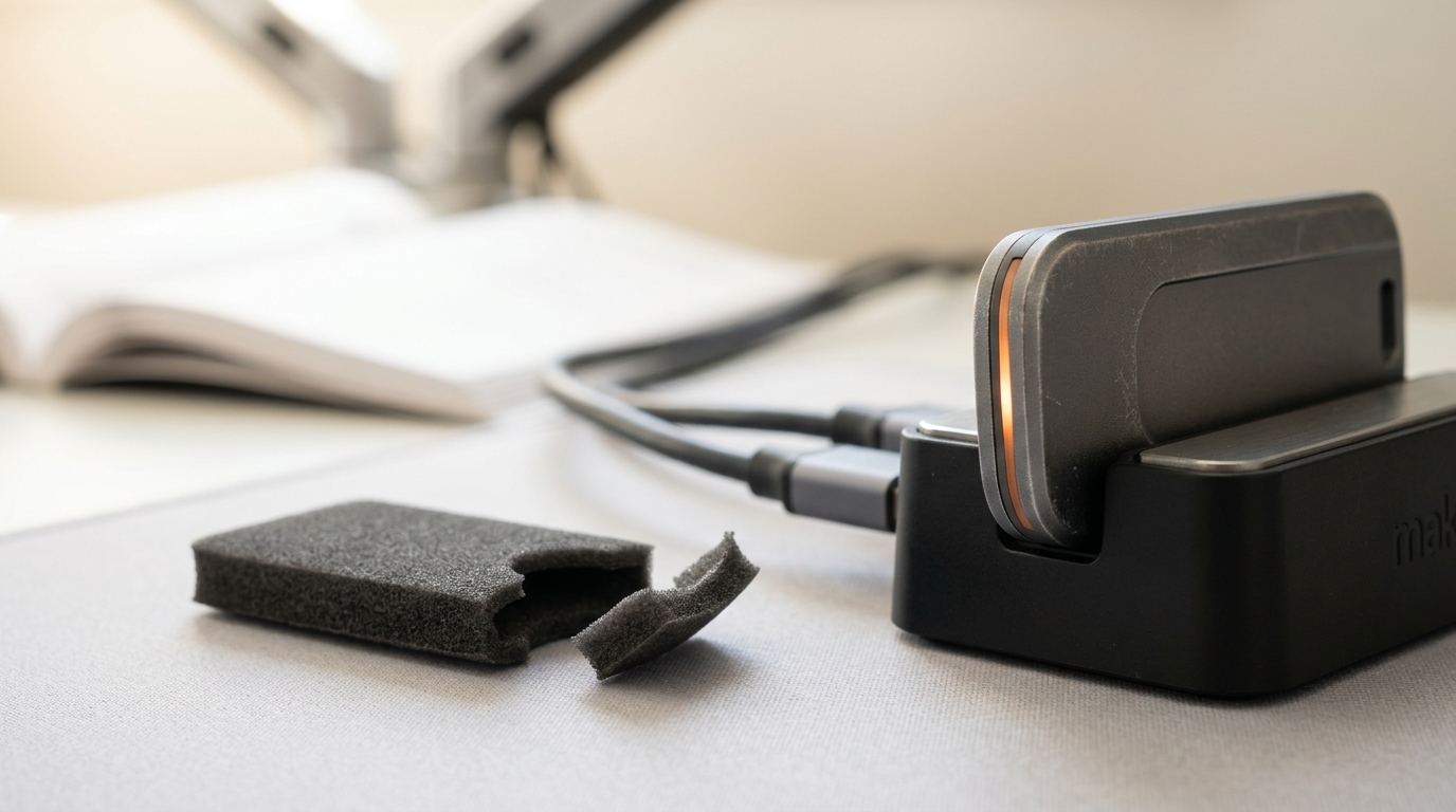 A small hardware credential token half-seated into a USB dock on the integration desk, its status light caught between off and lit, beside its torn-open shipping sleeve