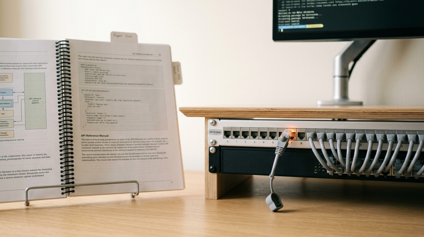 A practitioner's integration desk with a printed API reference propped open on an easel and a patch cable caught mid-seat into an under-desk network switch
