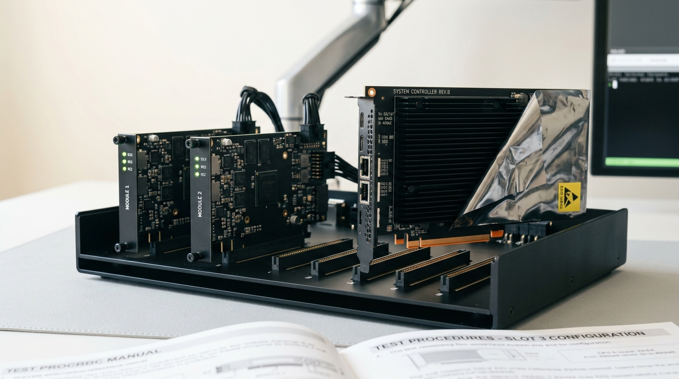 Three differently sized compute test modules racked in an open desktop test sled, the largest one caught part-way into its slot while the other two sit fully seated