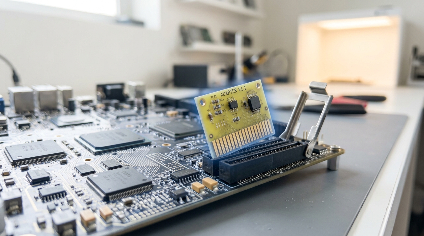 A large frozen base circuit board on a fine-tuning build bench with a small low-rank adapter daughter-card caught part-seated into a riser beside it, its edge connector not yet fully home
