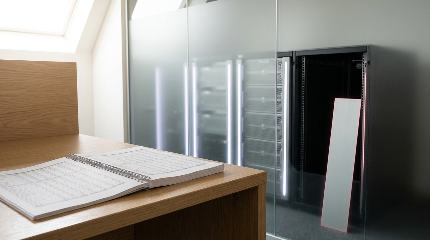 A bright deployment workshop with a compliance desk, a fine-tuning build bench, a safety-test rig and a checkpoint version rack, one attribution plate caught mid-fastening on a product chassis at the near desk