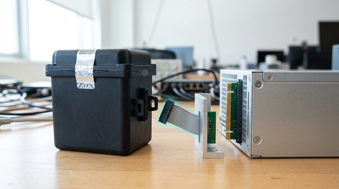 A potted, tamper-sealed vision-encoder block and a sealed language-model blade on a lab bench, joined by a small adapter daughtercard whose ribbon lead is caught just short of its clip
