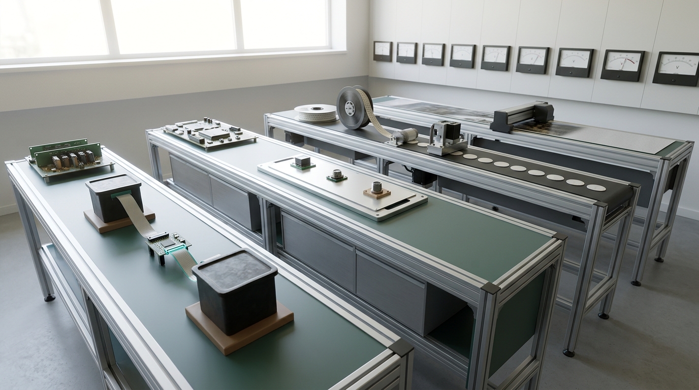Four adjoining lab benches in daylight, each mid-build on a different way of joining vision, audio and text into one model, none of the four builds finished