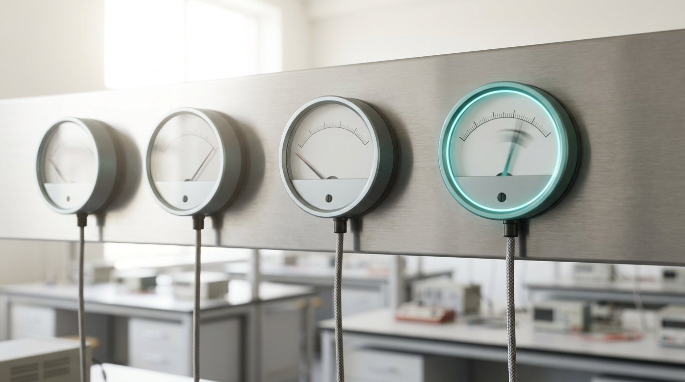 A wall of analogue dial power meters at the end of the comparison lab, one for each of the four benches, three needles settled at different levels and the fourth needle still swinging