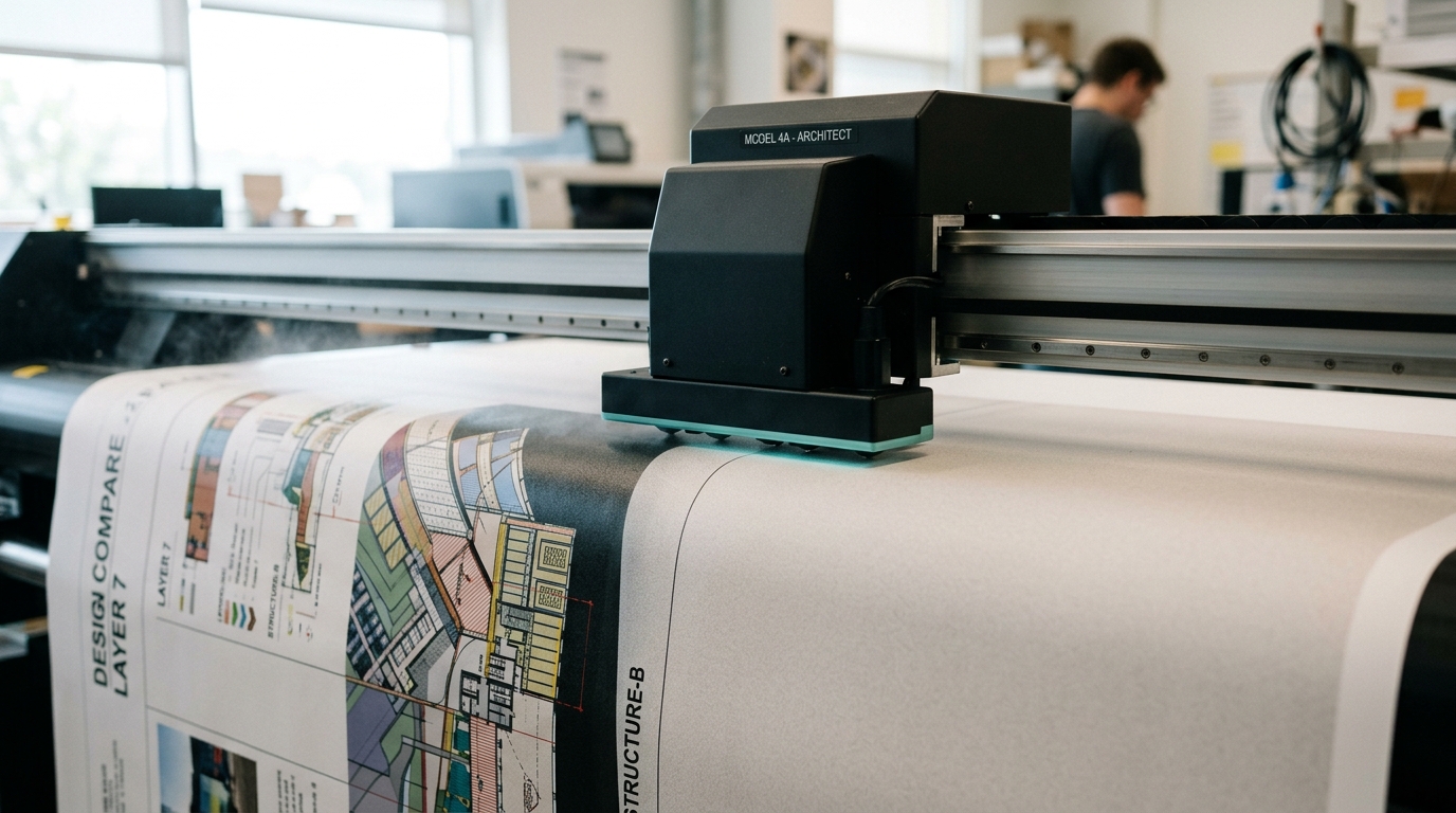 A wide-carriage print head sweeping across a long substrate on the fourth bench of the lab, the substrate resolved into a sharp image behind the head and still an even grain ahead of it