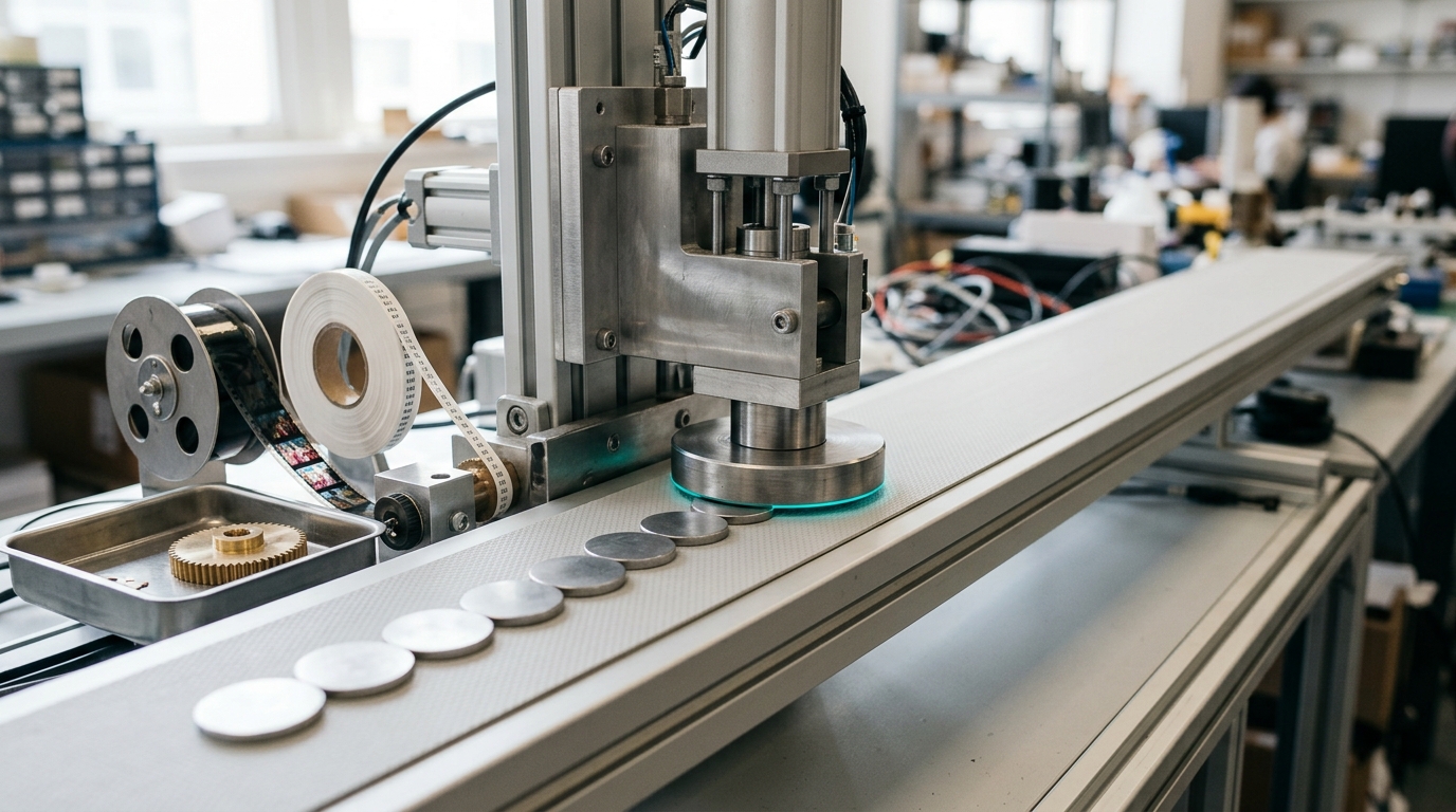 A short conveyor in a comparison lab where a strip of image film, a spool of text tape and a small servo gear all feed into one stamping head, which has cut a row of uniform blank-faced token discs partway across the belt