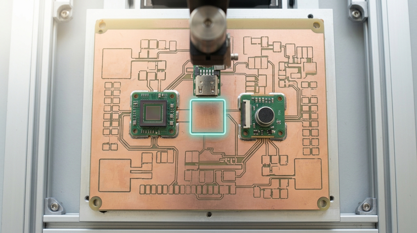 A single uncut aluminium-backed circuit panel on a pick-and-place jig, a camera sensor and a microphone capsule already reflow-mounted onto it and a data-uplink socket held by the placement arm just above its still bare pad