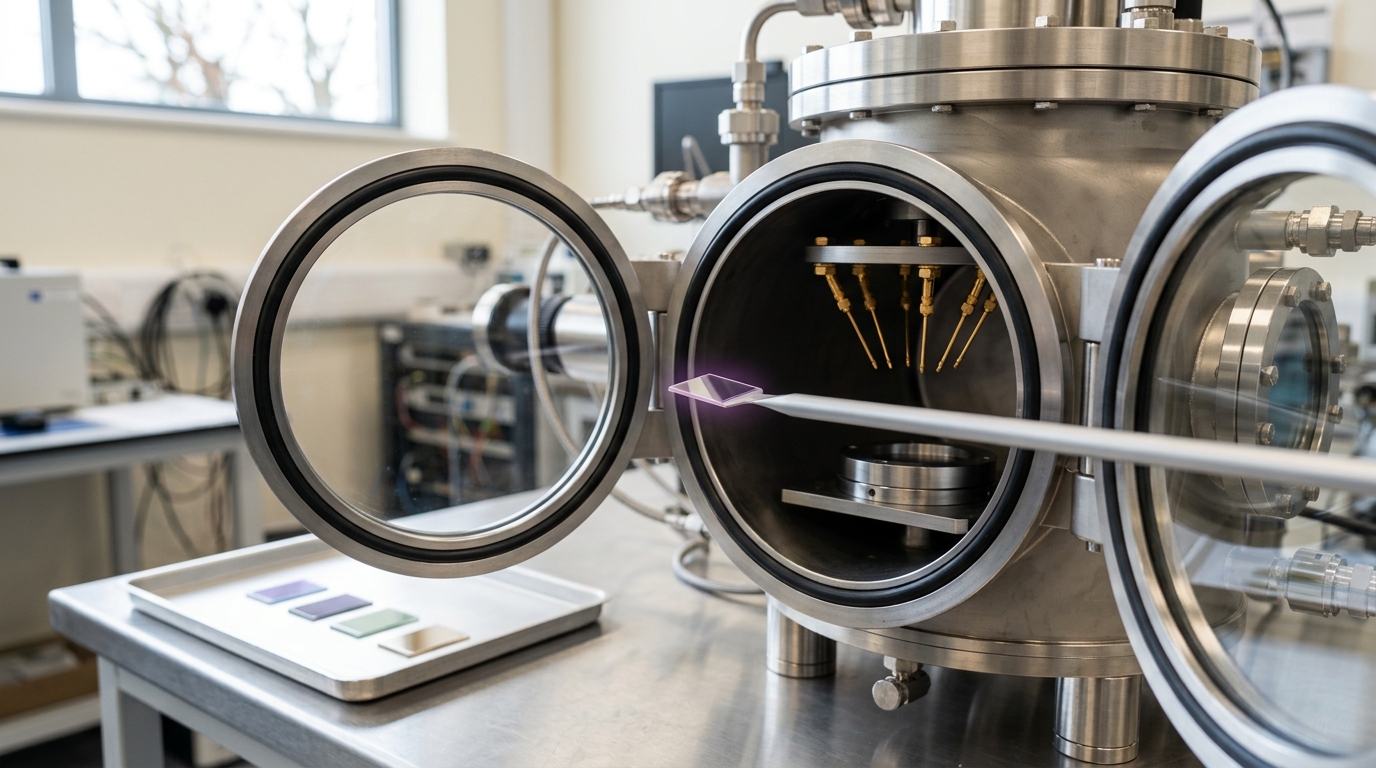 A small 2D-material coupon on a transfer arm poised at the open load-lock door of a characterisation chamber, the chuck inside empty and waiting, a rack of other candidate material coupons visible on a nearby tray