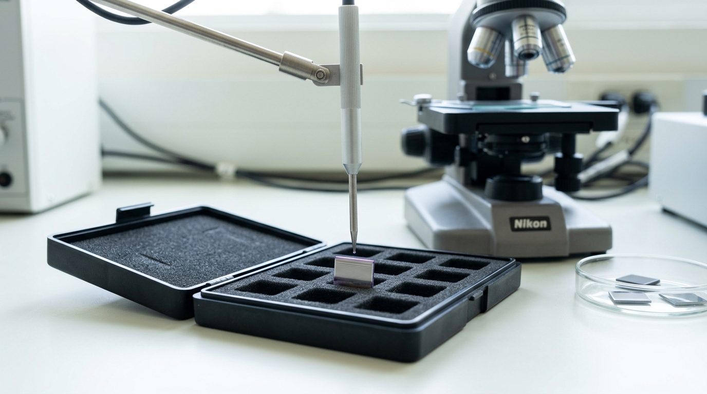 A diced cross-section coupon of an early-stage stacked transistor test structure resting in an open gel-pak tray on an R&D bench, a vacuum pick-up wand descending toward it but not yet touching, an inspection microscope waiting empty beside it