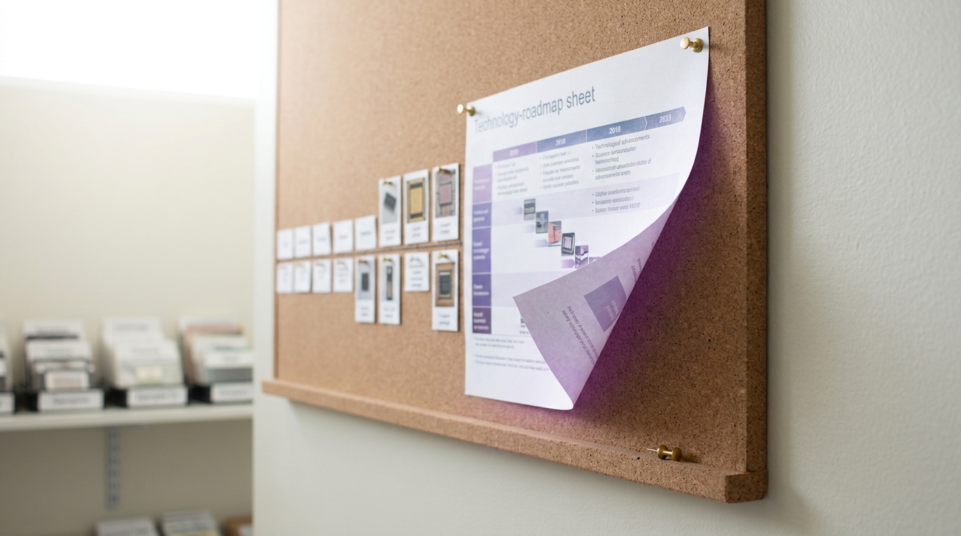 A cork board on an R&D lab wall holding a printed node-timeline roadmap sheet and several sample cards, its lower right corner curling loose with an unused pushpin resting on the cork ledge beside it