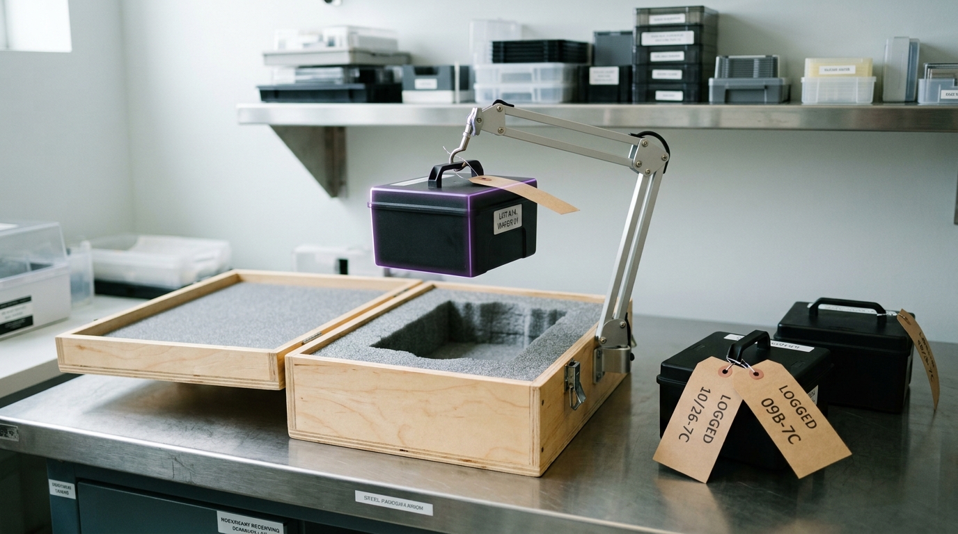 A small wafer-coupon shipping pod lifted partway out of an opened foam-lined crate on an R&D lab receiving bench, its site-of-origin tag visible but oblique, with two already-logged pods from other partner sites sitting behind it