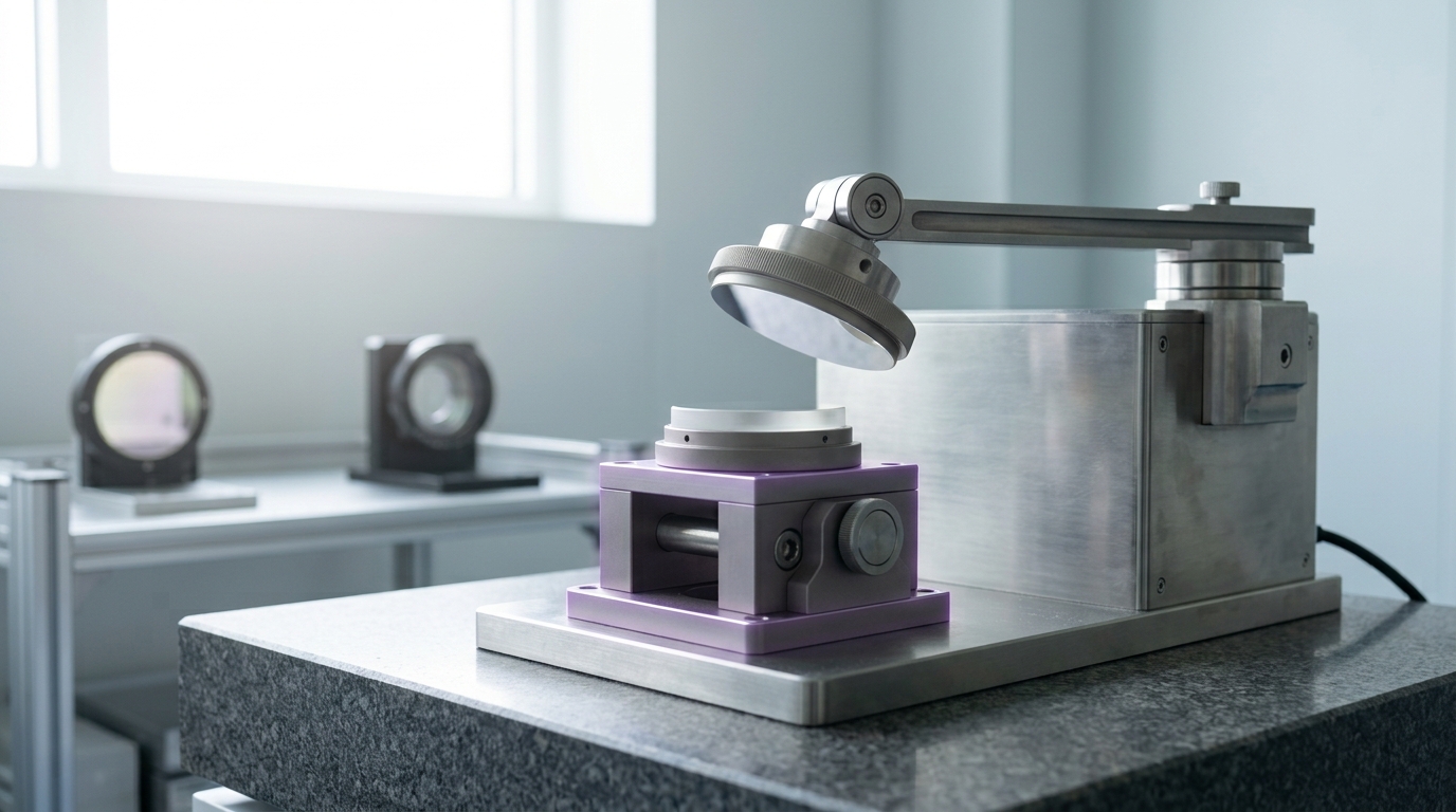 A bench-top interferometric test rig for evaluating next-generation high-numerical-aperture optics, a small multilayer-coated mirror blank mounted on a kinematic test fixture with a reference flat on a swing arm approaching from above but not yet locked into alignment