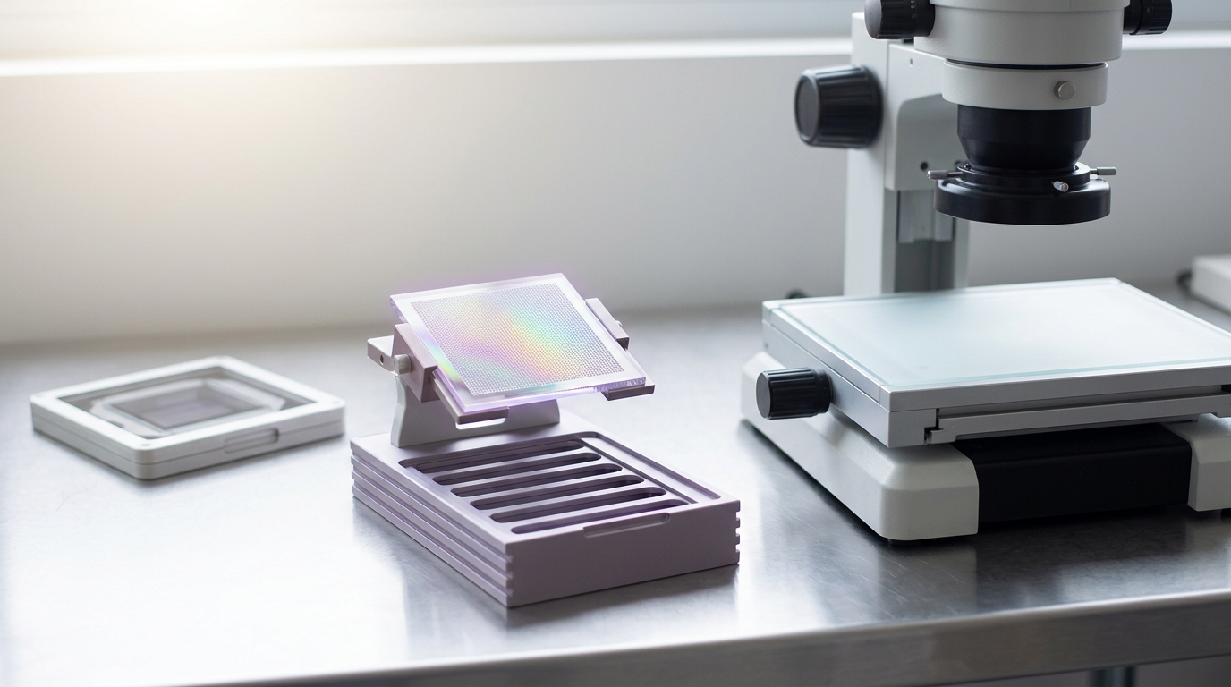 A quartz nanoimprint template lifted partway out of its storage cassette by a transfer fixture on an inspection bench, a conventional photomask sitting nearby in its own pod for comparison, the inspection microscope's stage still empty